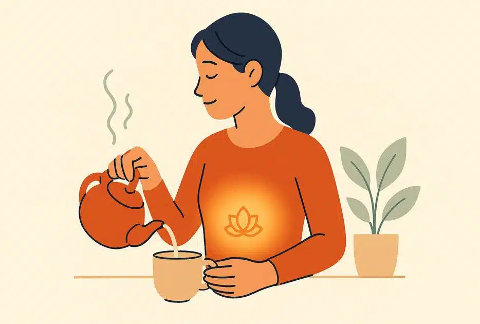 A person mindfully makes a cup of tea, the orange light of the sacral chakra glows gently, symbolizing conscious living.