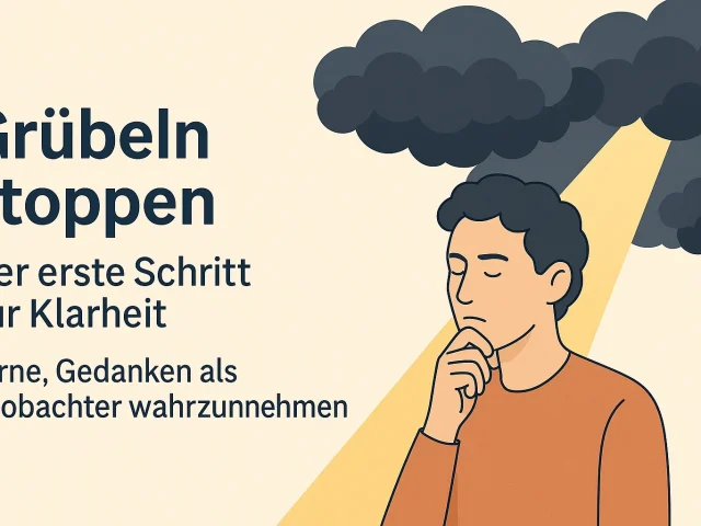 Ein Mensch denkt nach, dunkle Wolken symbolisieren negative Gedanken, denen Licht entgegenwirkt.