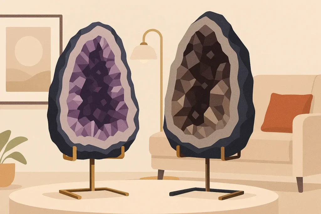 Large amethyst and smoky quartz geodes on metal stands
