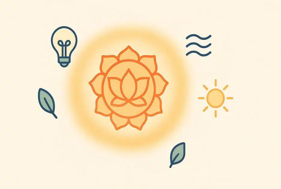 Radiant sacral chakra symbol surrounded by positive terms such as creativity, calmness, energy, and well-being.