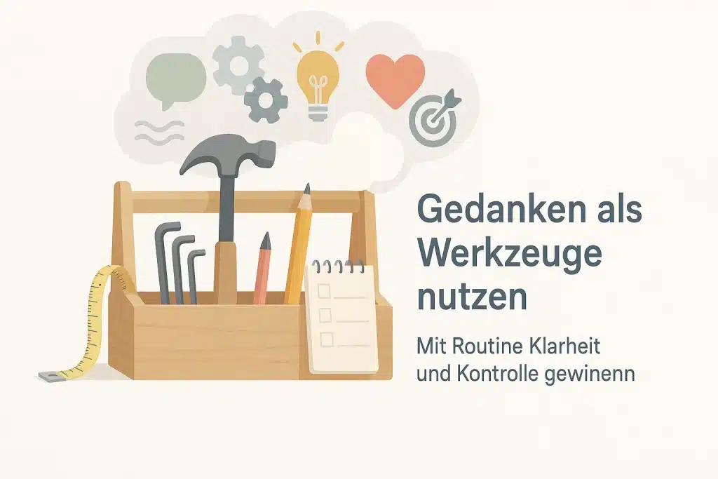 Verschillende gereedschappen, overlagerd met gedachte-symbolen, op een lichte achtergrond