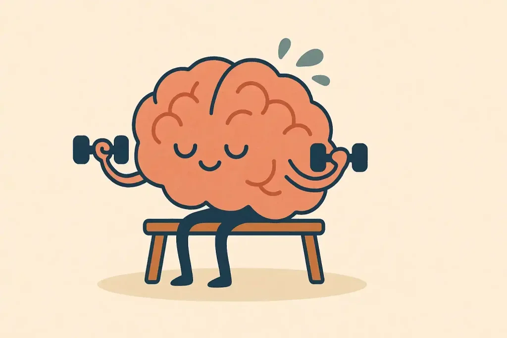 Une représentation stylisée d'un cerveau entraîné avec de petits muscles, symbolise la méditation comme entraînement mental pour les débutants.