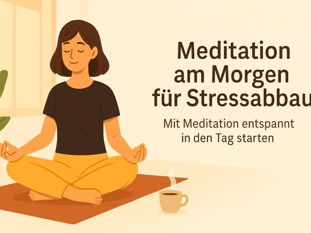 Frau sitzt entspannt am Morgen und meditiert, Licht fällt durchs Fenster