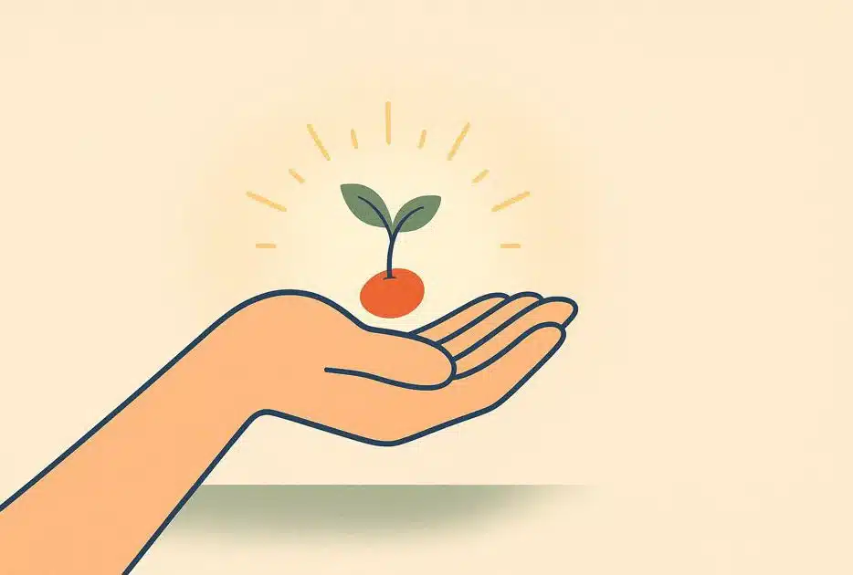 An open hand holding a small, luminous seed symbolises the beginning of the meditation exercise and the growth of one's own mind.