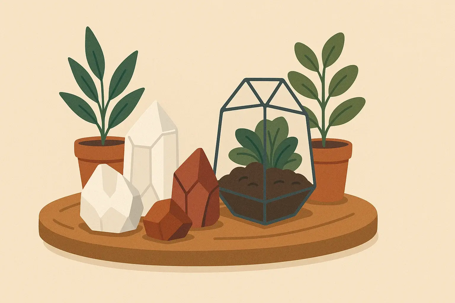 Raw crystals combined with plants and wood for natural decoration