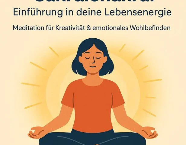 Frau meditiert friedlich im Schneidersitz, umgeben von warmem Licht, das Lebensenergie symbolisiert.