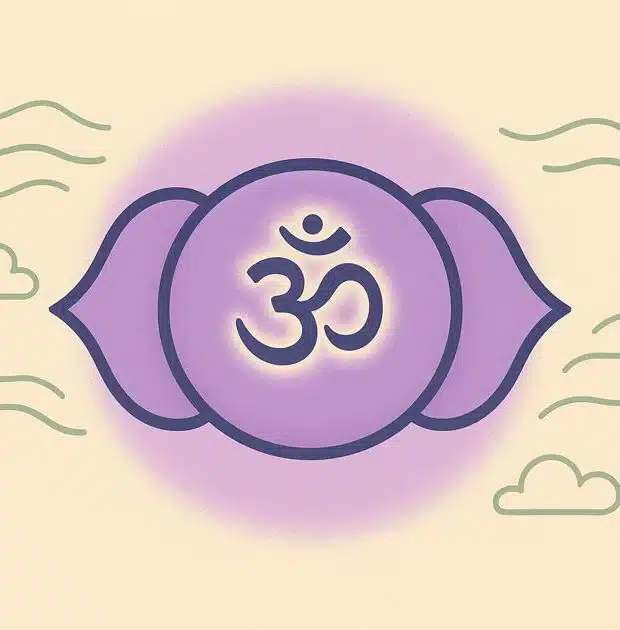 Symbool van het Ajna-chakra met lotusbloem en AUM-teken, omringd door heldere gedachten