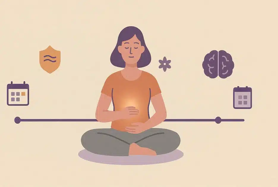 Tijdlijn met fasen van meditatiepraktijk (3 maanden, 1 jaar, 3 jaar+), symboliseert duurzame verandering