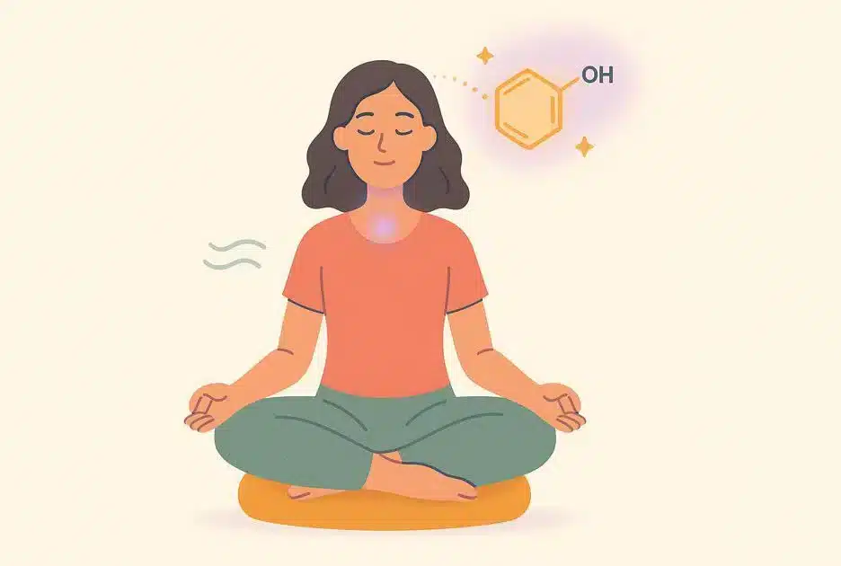 A woman meditates calmly on a cushion, while in the background a glowing dopamine molecule leaves her head, representing a reward.