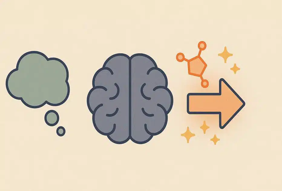 Simplified diagram of the brain, which sends dopamine signals only when an action is performed (action arrow) and not when an intention is formed (thought bubble).