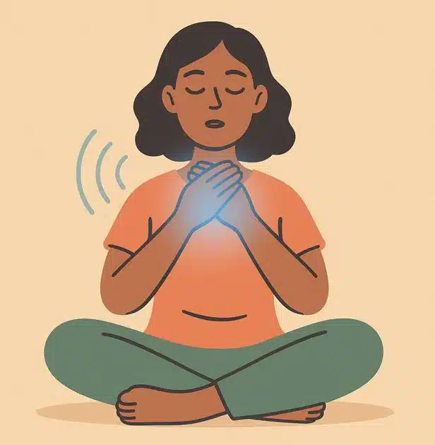 Une personne pratique les sons HAM, les mains sur la gorge, ressent des vibrations, symbolisant le renforcement de la voix.