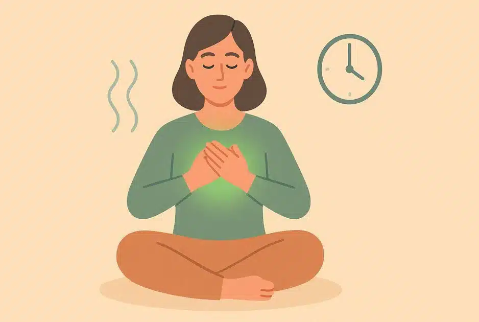 Person performs 3-minute heart-breath meditation, hands on chest, focus on breath