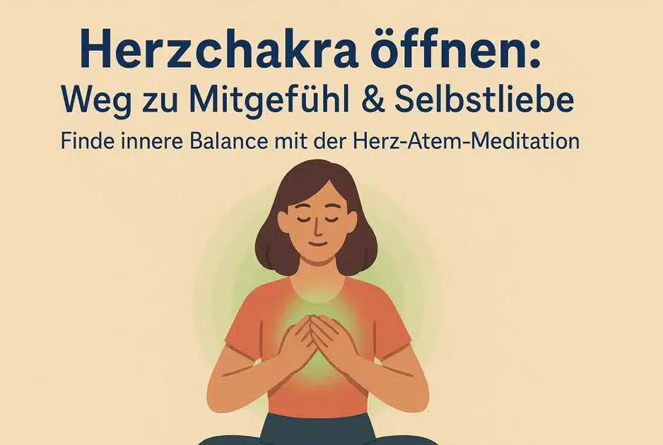 Frau meditiert mit Händen auf der Brust, umgeben von grünem Licht, symbolisiert offenes Herzchakra und Mitgefühl