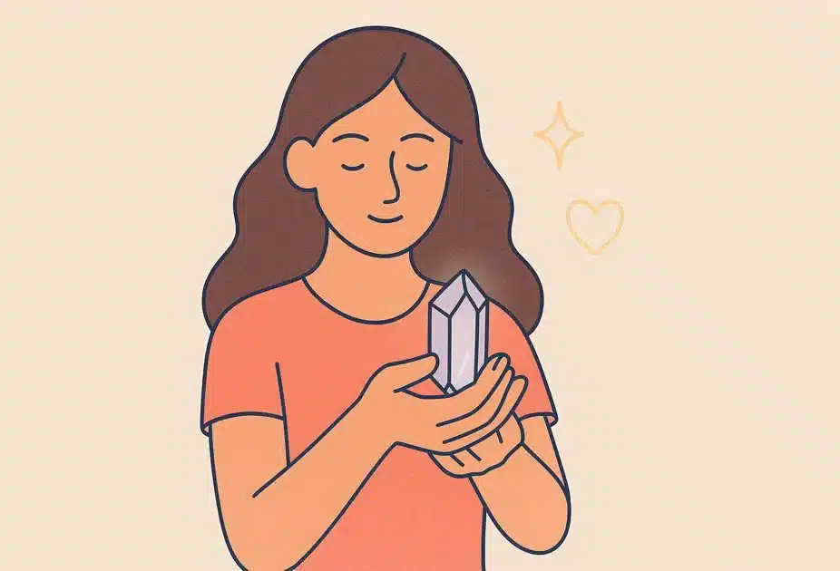 Woman carefully holding a crystal in her hand