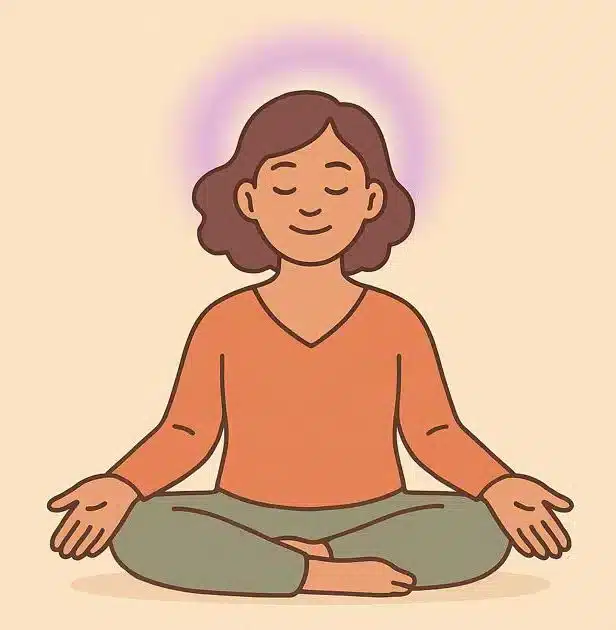 La persona termina una breve meditación, irradia tranquilidad y bienestar, simboliza las ventajas del trabajo del chakra de la corona