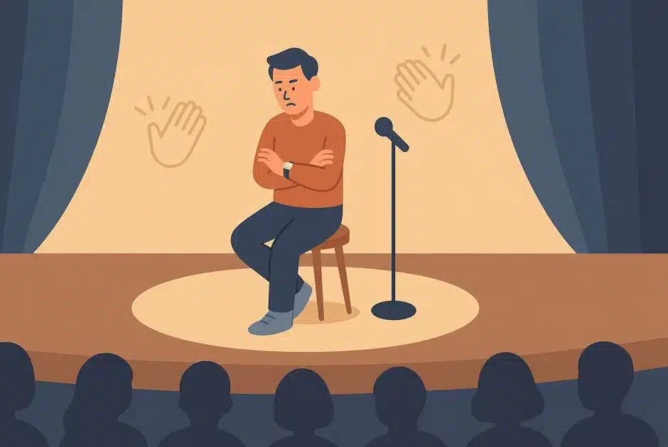 A person waits impatiently on an empty stage for applause.