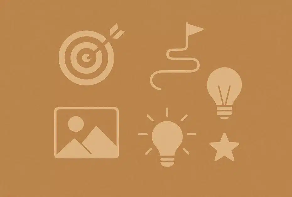 Symbolische Darstellung verschiedener Visualisierungsformen wie Zielbilder, Wege, Szenen und kreative Elemente.