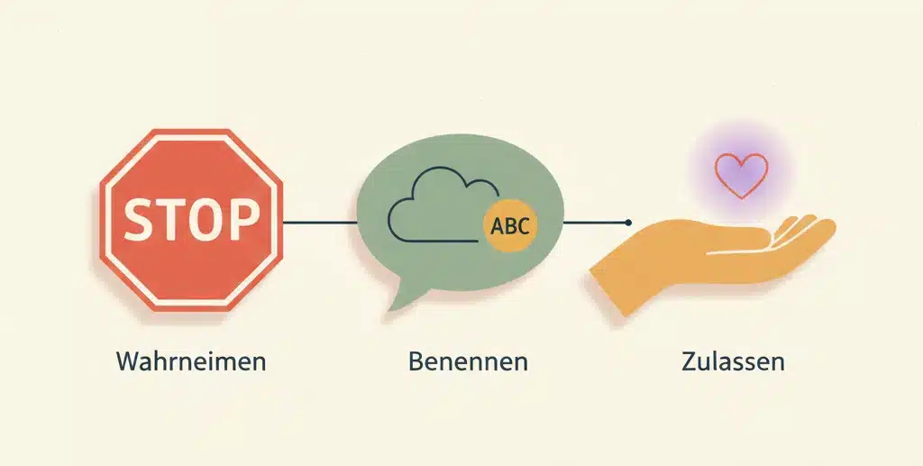 Drei Symbole (Stoppschild, Sprechblase, offene Hand) visualisieren die 3 Schritte der Emotionskontrolle.