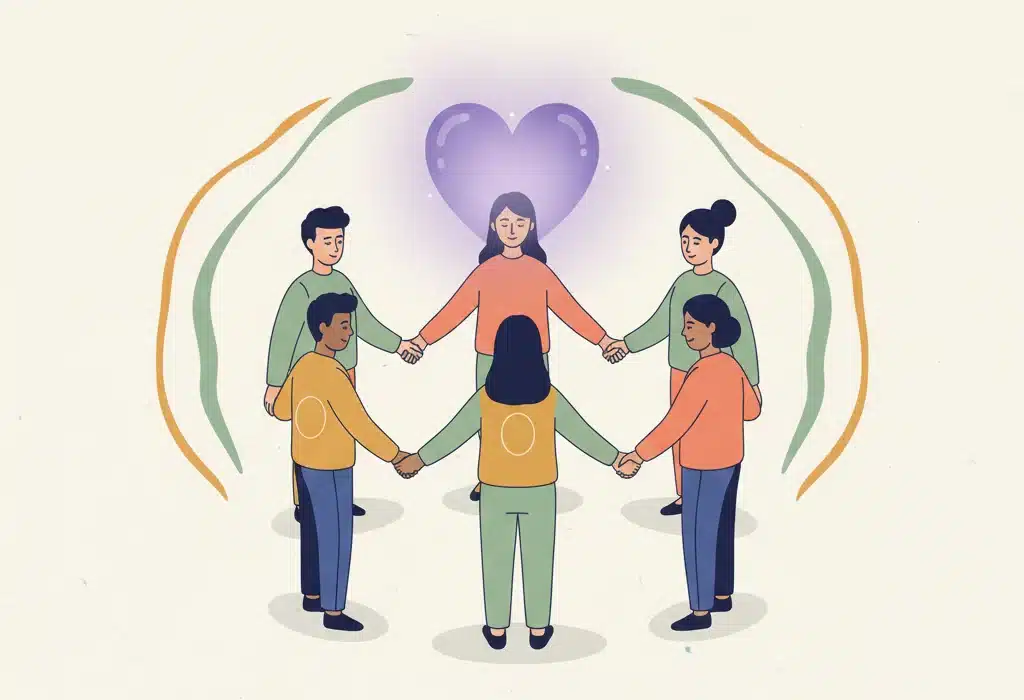 Eine Gruppe von Menschen hält die Hände, symbolisiert Mitgefühl und Verbundenheit (Metta).